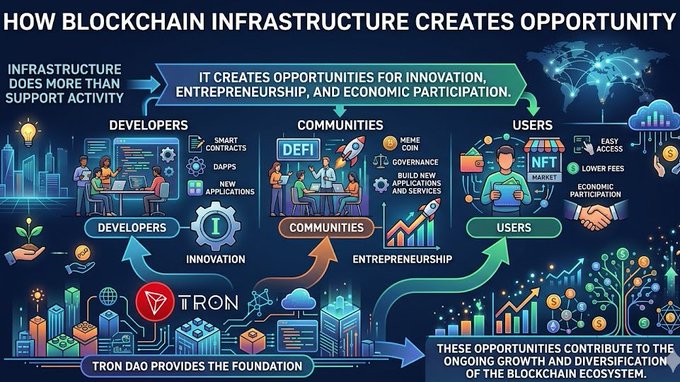 In the image, there is a graphic poster that illustrates an overview of blockchain infrastructure and its effects on opportunity creation for innovation, business growth, and economic participation. The poster features several elements that symbolize these aspects: a cityscape representing a diverse range of industries (e.g., tech, banking, and healthcare), a rocket launching into the sky to signify technological advancements, a tree indicating sustainability and environmental considerations, various businesses depicted in different sizes, colors, and shapes to represent economic diversity, and people interacting with each other or machines symbolizing collaboration and innovation within the ecosystem of blockchain technology. The overall impression is that of a dynamic and interconnected landscape where individuals can leverage the opportunities created by the infrastructure for personal, societal, and economic development.