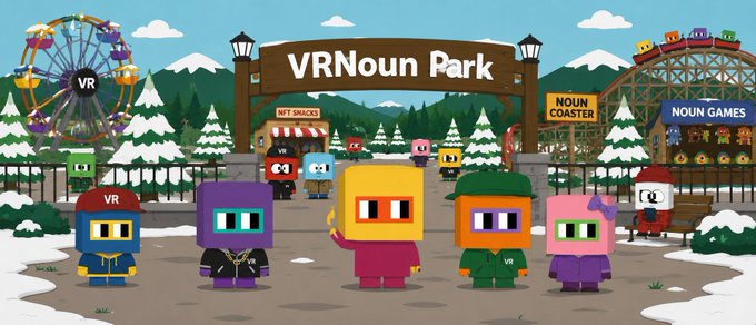 A colorful cartoon scene titled "VRNoun Park" features blocky characters in winter attire standing in front of attractions labeled "VR," "NFT SNACKS," "NOUN COASTER," and "NOUN GAMES," contrasting with the post's serious request to produce an educational one-minute video explaining how the Daily Vault, NFT value increases, and the benefits of trading on flooor.fun.