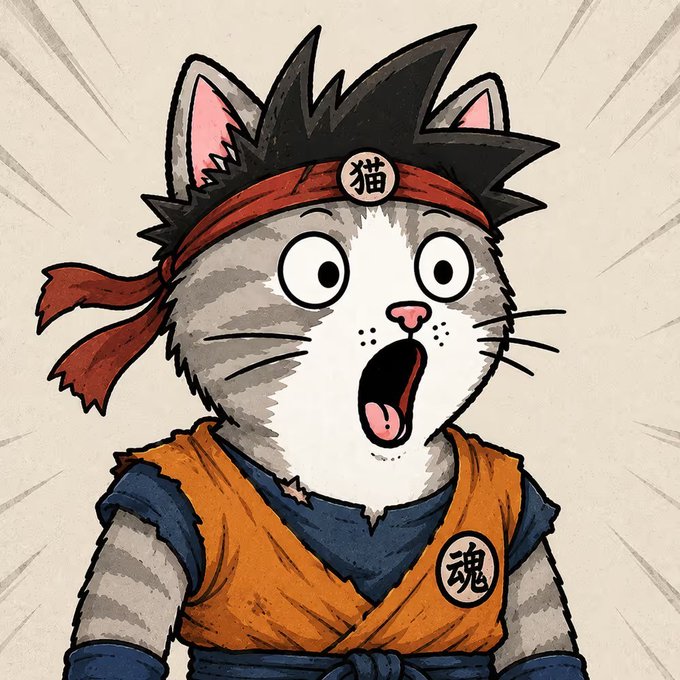 A surprised cat character with spiky black hair, a red headband reading "猫" (cat), and an orange gi featuring a "魂" (soul) patch, styled in a Dragon Ball Z anime aesthetic. The image ties into the post's giveaway by showcasing a "Pogger Cat" — the collectible NFT the contest asks followers to own and comment about.