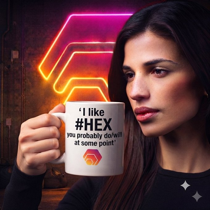 A woman holding a mug that reads 'I like #HEX you probably do/will at some point' with the HEX logo, posed against a backdrop with a glowing neon hexagonal light.