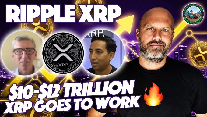 A YouTube thumbnail featuring a bearded man alongside two smaller inset photos and an XRP coin graphic, with bold text reading "RIPPLE XRP" and "$10-$12 TRILLION XRP GOES TO WORK 🔥," visually promoting a video about XRP's emerging role in crypto custody and working capital.