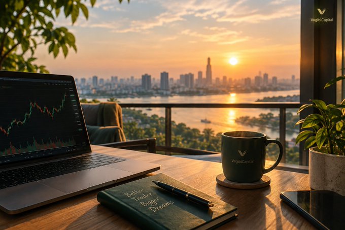 A workspace by a window overlooking a sunset city skyline features a laptop displaying a trading chart, a black 'VeggieCapital' mug, a notebook, a pen, and a smartphone.