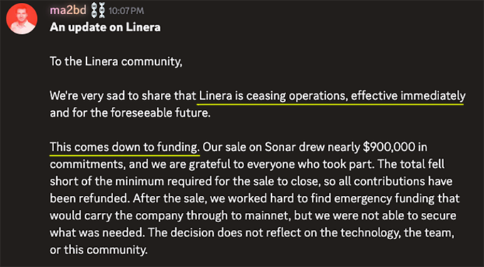 A screenshot from ma2bd announces that Linera is ceasing operations immediately due to funding issues, noting their Sonar sale drew nearly $900,000 but fell short of the minimum required.