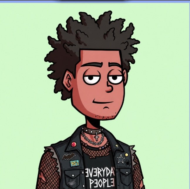 An illustrated portrait of a young man with a large afro hairstyle wearing a black leather vest with patches over a fishnet shirt that reads 'EVERYDAY PEOPLE', accessorized with cross necklaces.