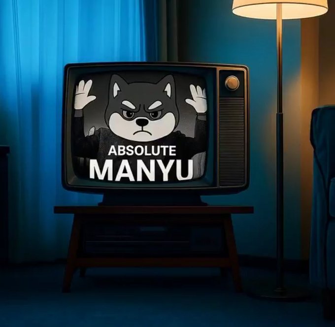 A retro CRT television displays an angry Shiba Inu dog with raised paws and the text 'ABSOLUTE MANYU' in a dimly lit room with blue curtains.