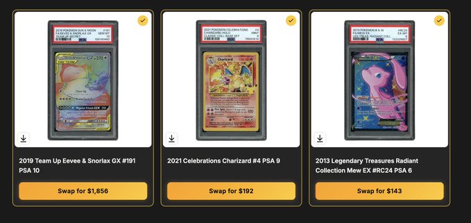 The image shows three PSA-graded Pokémon cards available for swap on the Beezie marketplace, including a 2019 Team Up Eevee & Snorlax GX #191 PSA 10 for $1,856, a 2021 Celebrations Charizard #4 PSA 9 for $192, and a 2013 Legendary Treasures Radiant Collection Mew EX #RC24 PSA 6 for $143.

The image illustrates the user's successful start on Beezie, showcasing the platform's marketplace where their $750 investment has given them access to trade high-value graded Pokémon cards.