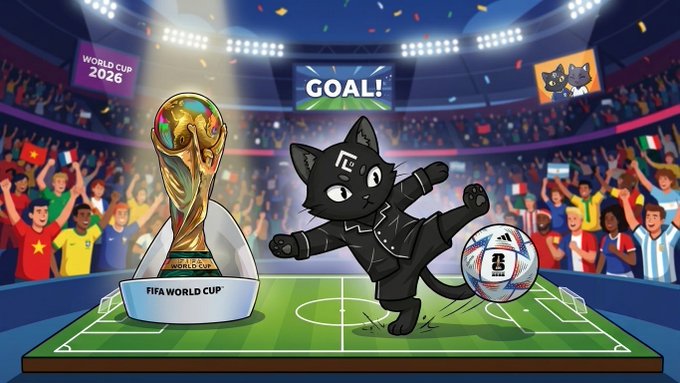 A promotional illustration for FIFA World Cup 2026 featuring a black cat mascot kicking a soccer ball next to the FIFA World Cup trophy, with a cheering crowd and 'GOAL!' displayed on a stadium screen.