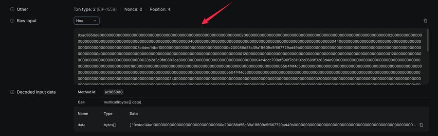 The image shows a blockchain transaction decoder interface displaying raw hex input data for EIP-1559 transaction type 2, with a decoded call to method id `ac9650d8` (multicall(bytes[])). A red arrow highlights the raw hex data, which begins with "0xac9650d8" and contains embedded references to multiple methods, including "0xa3414be1" (transferAndCall) and notably a string "saintniko"—supporting the poster's claim that the contract address `0xaA3E7eC3Dd55093Dda121aD88D17F664B987DbA6` has Saintniko's X (Twitter) handle embedded in its on-chain data.