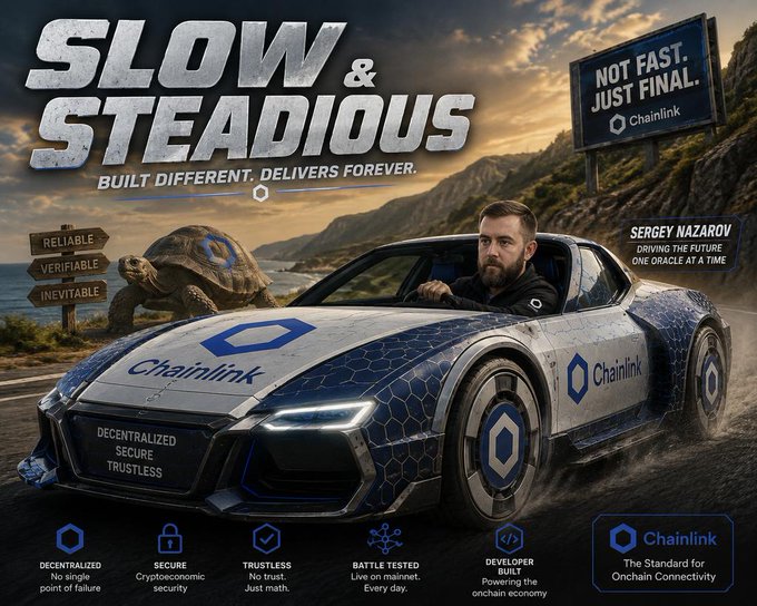The image features a man driving a blue and white car with the words "Chainsink" written on its side, along with a sign that says "Slow & Steady". The background of the image shows a scenic view of mountains under a cloudy sky. The text in the image reads "Slow & Steady", which is related to the post about the car being built differently and delivering faster.