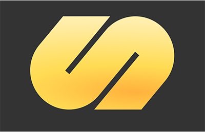 A stylized golden-yellow logo featuring two interlocking curved shapes against a dark gray background.