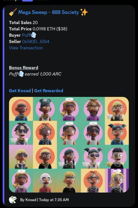 A screenshot of a digital collectible interface titled 'Mega Sweep - 888 Society' showing total sales of 20 for 0.0198 ETH ($38), a bonus reward of 1,000 ARC earned by 'Puff', and a grid of various 3D character avatars.