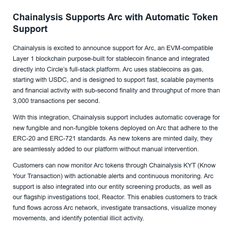 A promotional text announcement for 'Chainalysis Supports Arc with Automatic Token Support', detailing their blockchain analytics integration with Circle's stablecoin platform.