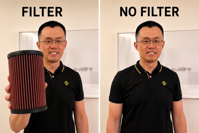 A split image showing the same man, with "FILTER" on the left where he holds a cylindrical air filter, and "NO FILTER" on the right showing him without the filter, humorously referencing the cultural phrase "no filter" while promoting the air filter product.