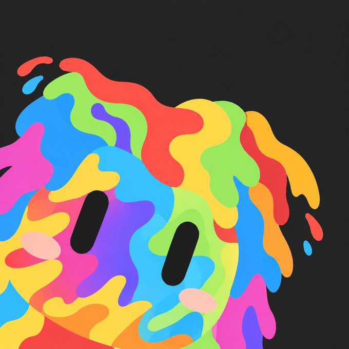 A colorful slime-like character made of vibrant rainbow blobs features two simple eyes and pink cheeks against a dark background. The "gm" (good morning) crypto tweet pairs with the cheerful character to spread positive morning greetings to the community.