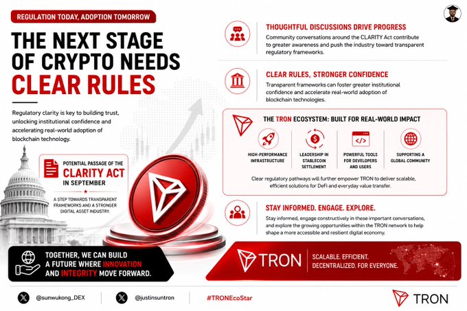 An infographic titled 'THE NEXT STAGE OF CRYPTO NEEDS CLEAR RULES' discussing the CLARITY Act and TRON ecosystem, advocating for regulatory frameworks.
