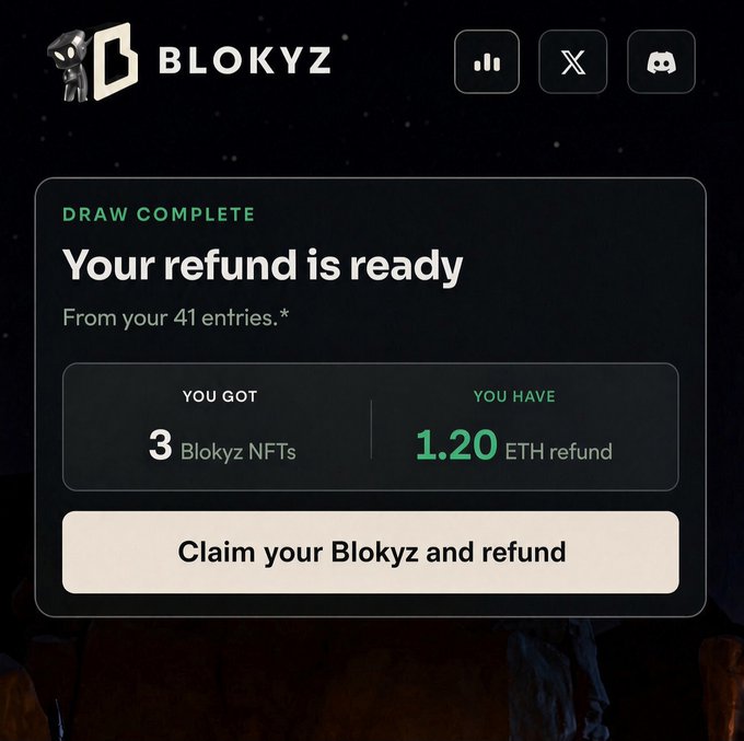 A 'DRAW COMPLETE' screen from BLOKYZ announcing 'Your refund is ready' from 41 entries, offering 3 Blokyz NFTs and a 1.20 ETH refund.