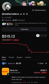 A screenshot of a Robinhood trading profile showing the user @midternddevv with a portfolio value of $515.13, displaying a -78.1% loss and holdings in Bonk (BNKX) stock.