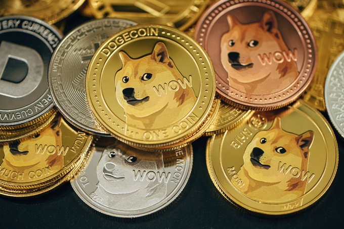 A close-up photograph of stacked cryptocurrency coins featuring Dogecoin (DOGECOIN) and other coins with the iconic Shiba Inu dog face and the word 'WOW' stamped on them.