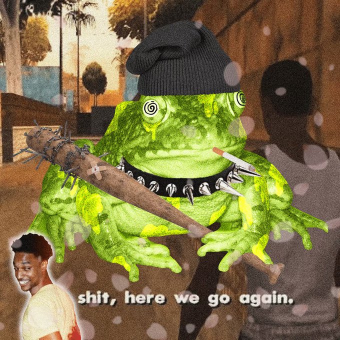 A green cartoon monster wearing a black beanie and spiked collar while holding a spiked bat, with the caption 'shit, here we go again.' and a small cutout image of a smiling young man.