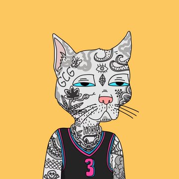 An illustration of a white cat with blue eyes, heavily tattooed with designs like lotus flowers, moons, and the word 'NOON', wearing a black basketball jersey with pink trim and the number '3' on a yellow background.
