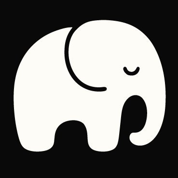 A minimalist white silhouette icon of an elephant on a black background.