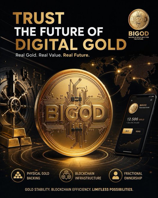 Promotional banner for 'BIGOD' gold-backed cryptocurrency featuring a large gold coin with the inscription 'BIGOD' alongside a smartphone displaying the token price, with the tagline 'TRUST THE FUTURE OF DIGITAL GOLD' and features including Physical Gold Backing, Blockchain Infrastructure, and Fractional Ownership.