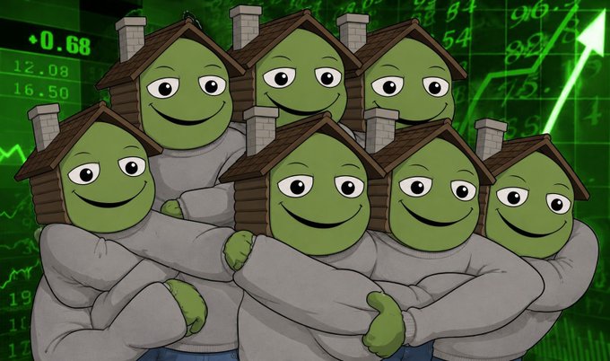 A group of cartoon characters with green smiling faces and brown roofs instead of heads, wearing gray sweaters, standing against a green stock market chart background.