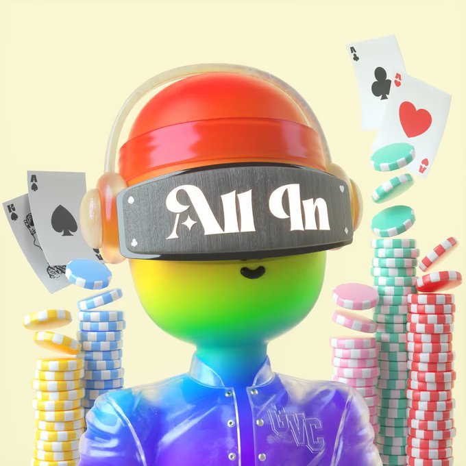 A 3D-rendered character wearing a red beanie, headphones, and a metallic 'All In' visor, surrounded by colorful stacks of poker chips and floating playing cards including the Ace of Spades and Ace of Hearts.