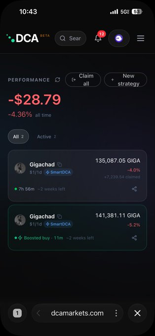 A screenshot of the DCA app showing a performance of -$28.79 (-4.36% all time) with two Gigachad positions in GIGA token.