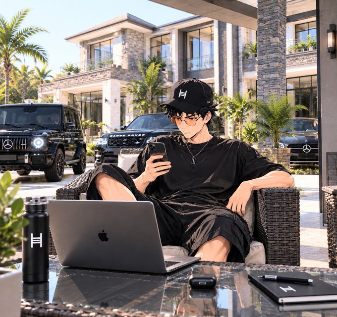 An anime-style image of a young man in a black cap, sunglasses, and black t-shirt sitting in a patio chair, holding a smartphone with a MacBook on the table in front of him and luxury vehicles parked outside a modern mansion.