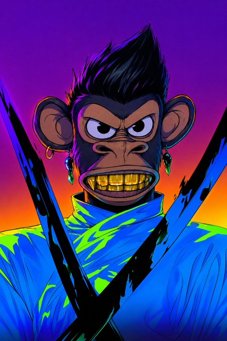 A vibrant cartoon illustration depicts a determined-looking monkey with spiky black hair, gold earrings, and gritted gold teeth, wearing a bright blue jacket against a sunset gradient backdrop. The image's bold, edgy aesthetic and empowering "rise and grind" vibe complements the post's motivational message about starting the morning with purpose and taking small steps toward bigger wins.