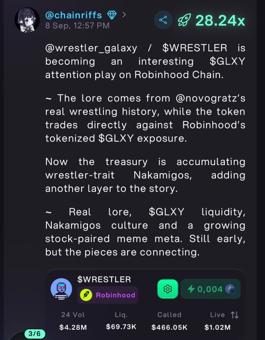 A Telegram post from @chainriffs discussing the $WRESTLER token as a $GLXY attention play on Robinhood Chain, mentioning wrestler-trait Nakamigos and a 28.24x gain.