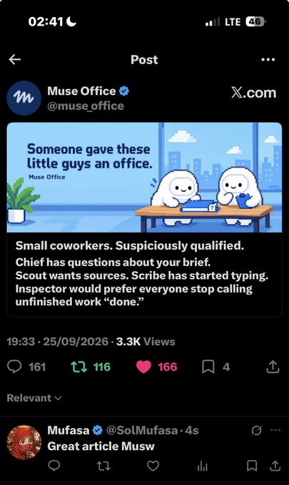 A screenshot of a Twitter/X post by 'Muse Office (@muse_office)' jokes about small coworkers with a cartoon image and text about a Chief, Scout, and Inspector.