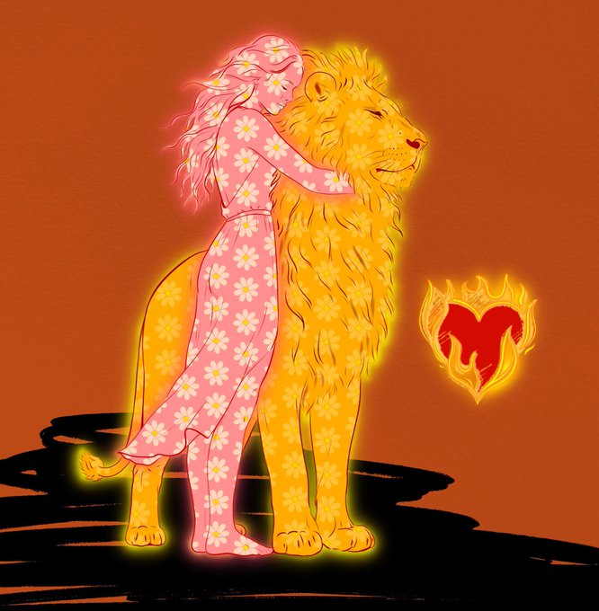 An illustration of a woman in a pink daisy-patterned dress embracing a glowing yellow lion, with a flaming heart emblem to the side against an orange background.