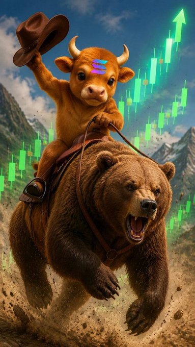 A digital artwork showing an anthropomorphic bull wearing a cowboy hat riding a roaring brown bear, with a glowing green stock chart arrow rising in the background.