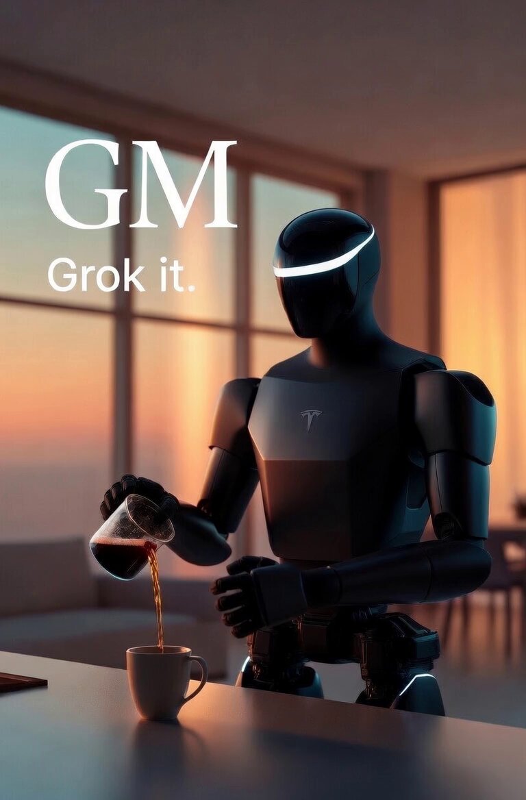 The image features a robot standing at a dining table with a cup of coffee next to it, pouring the beverage into the cup. The background shows a window overlooking an ocean or beach scene, creating a serene atmosphere. The caption on the image reads "GM GM just @grok IT #spacex ftw LFG $SPCX to the stars @elonmusk @xai".