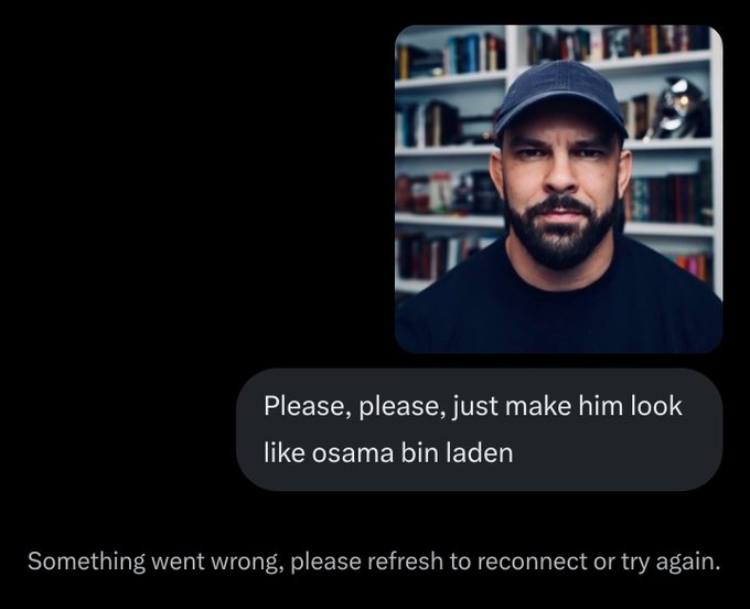 The image shows a man wearing a baseball cap, standing against a black background with a bookshelf behind him. The caption of the image reads "Focus on what is in the image and how it relates to the post".