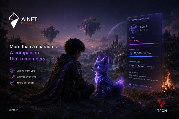 A promotional graphic for 'AINFT BY TRON' featuring a person and a glowing fox-like companion named 'LUMA' (Level 24, 87% Bond, 12,560/15,000 Experience), with the tagline 'More than a character. A companion that remembers.'