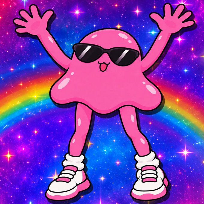 A vibrant cartoon illustration of a pink blob-like character wearing black sunglasses and white sneakers, posing with arms raised against a sparkling purple galaxy background with a rainbow arc.