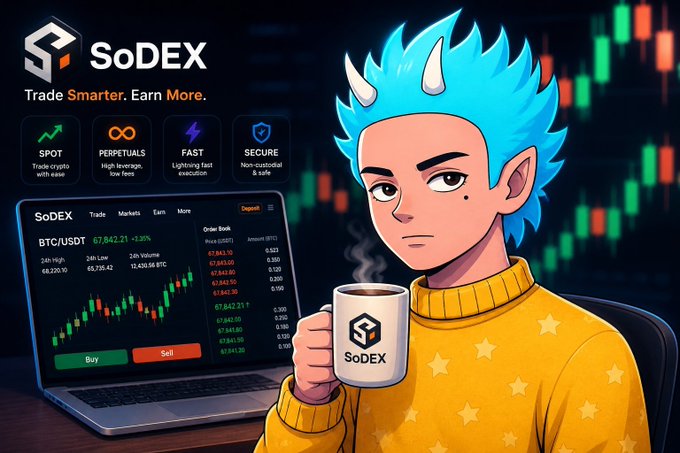 An anime-style character with blue hair and horns, wearing a yellow sweater, holds a steaming mug branded with the SoDEX logo while sitting in front of a laptop displaying BTC/USDT trading data (67,842.21) on a candlestick chart. The image promotes SoDEX, the cryptocurrency exchange featured in the post, with background crypto charts reinforcing the trading-focused GM message celebrating the final SoPoints Season 1 distribution.