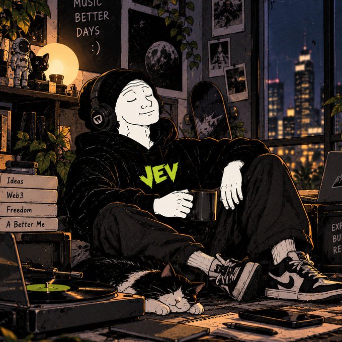 A masked figure wearing a black hoodie with "JEV" in neon green sits relaxed on the floor, listening to music through headphones while holding a mug, with a sleeping cat at his feet and a record player nearby. A chalkboard reads "MUSIC BETTER DAYS" and stacked books are labeled "Ideas," "Web3," "Freedom," and "A Better Me"—reinforcing the post's message of decisiveness and the imminent launch of the $JEV token.