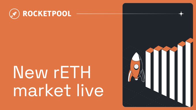 The image features an orange banner with white text that reads "New rETH/ETH market live" at the top, followed by a graphic of a rocket ship flying over a series of stacked bars. The caption below the rocket ship reads "A new rETH/ETH market is live on @Morpho You can now supply $rETH as collateral and borrow ETH via KPK ETH Prime, a low-risk Morpho lending vault deployed and curated by @kpk_io One more DeFi integration for Ethereum's decentralised liquid staking token More info below". The image also includes the logo of the website Rocketpool.