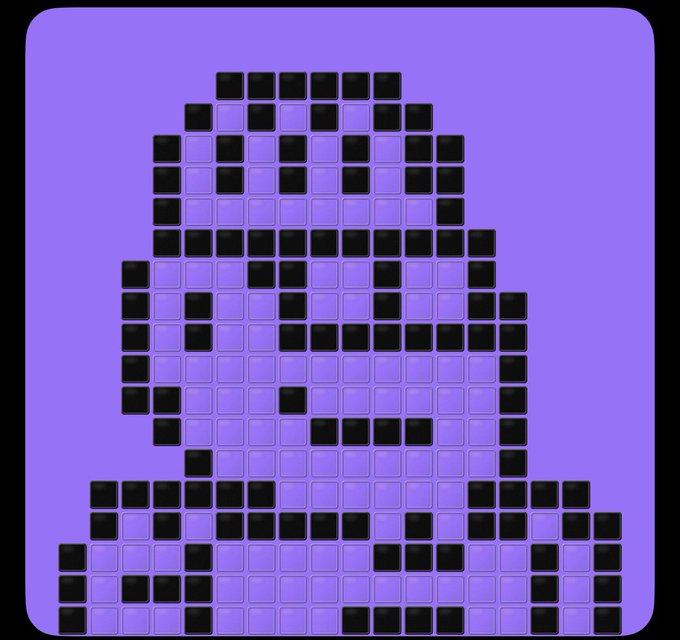 A pixel art design in purple and black forms the shape of a hooded figure or character.