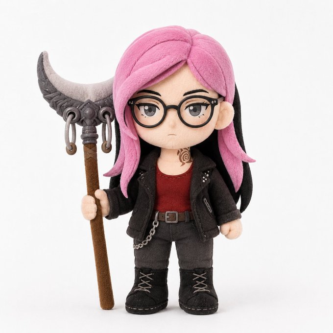 A plush toy figure of a character with pink hair, glasses, a leather jacket, and holding a decorative axe.