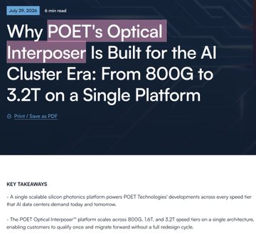 The image shows a blog post titled "Why POET's Optical Interposer Is Built for the AI Cluster Era: From 800G to 3.2T on a Single Platform," published July 29, 2025. Key takeaways highlight that POET Technologies' scalable silicon photonics platform supports speeds from 800G to 3.2T on a single architecture, making it relevant to the bullish $POET news shared in the accompanying post.