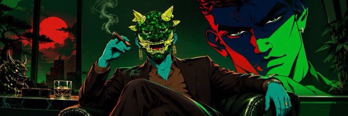 A stylized, green-lit anime-style illustration shows a masked figure in a suit smoking a cigar, seated in front of a window with a red moon, while a large green face looms in the background. The cryptic, luxury-aesthetic artwork serves as a bold banner for a crypto giveaway post, with the $40 winners and WAGMI tagline reinforcing a flashy, gambling-style promotional vibe.
