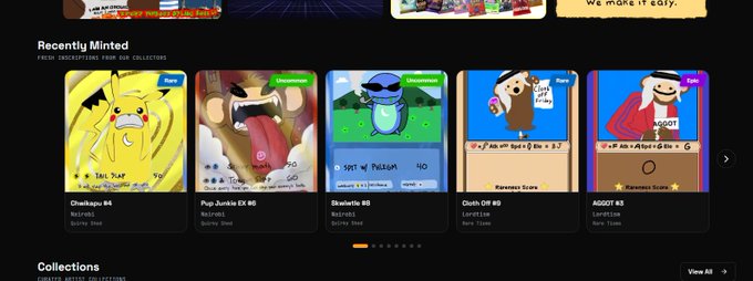 A 'Recently Minted' section on an NFT marketplace displays cartoon-style NFT collectibles, including a Pikachu (Chubbygu #4), a character with a giant mouth (Pug Junkie #4), and a donkey (Moot #3), all marked 'Rare Team'.