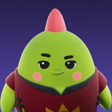 In this image, there's a green dinosaur character wearing a red shirt with a yellow star on it. The dinosaur has spiky hair and a pink top hat that matches its vibrant green color. It appears to be smiling at the camera, giving off an impression of being happy or content. The background is dark purple, which contrasts with the bright colors of the dinosaur's outfit. There are no texts present in the image, but there is a caption below it that reads "My Dino just woke up richer than yesterday because I actually slept like a human @ sleepagotchi turned my bedtime into a daily reward drop - streaks, upgrades, and zero guilt".