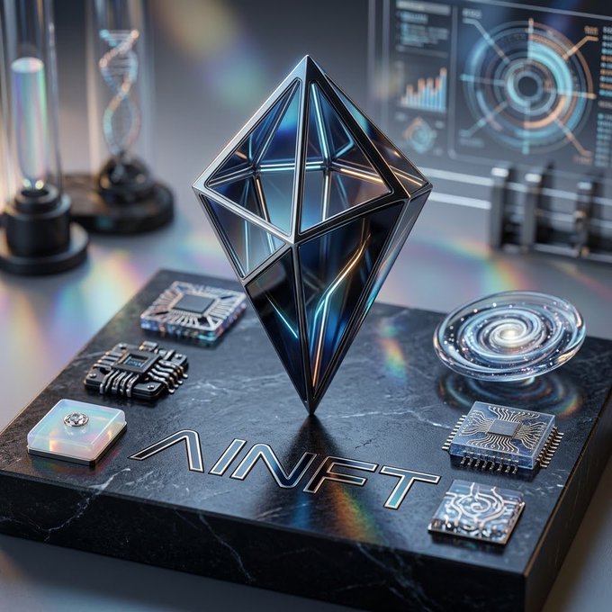 A futuristic 3D render of a crystalline Ethereum logo displayed on a black platform labeled "AINFT," surrounded by microchips, circuit components, and holographic displays.