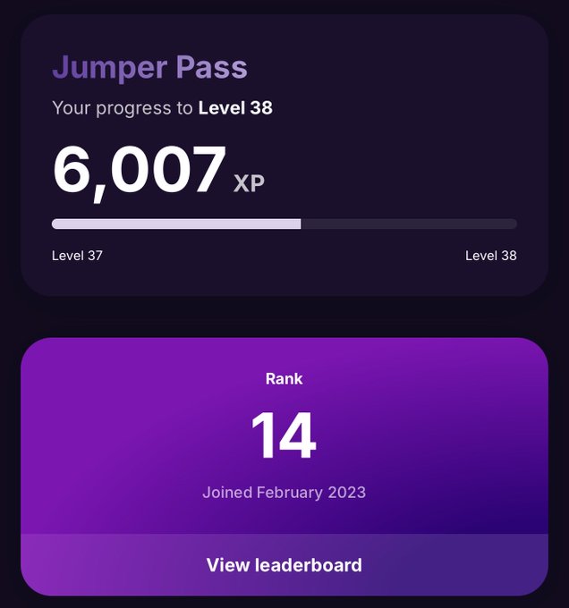 A screenshot of an app interface showing a 'Jumper Pass' progress tracker with 6,007 XP towards Level 38, and a 'Rank 14' indicator noting the user joined in February 2023.